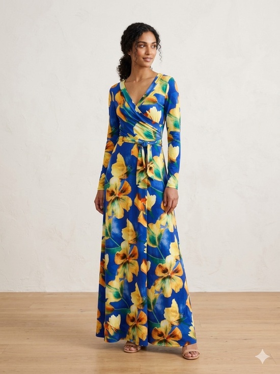 Uptown Dresses & Skirts - Blue & Yellow Floral Wrap Maxi Dress with Self-Tie Waist